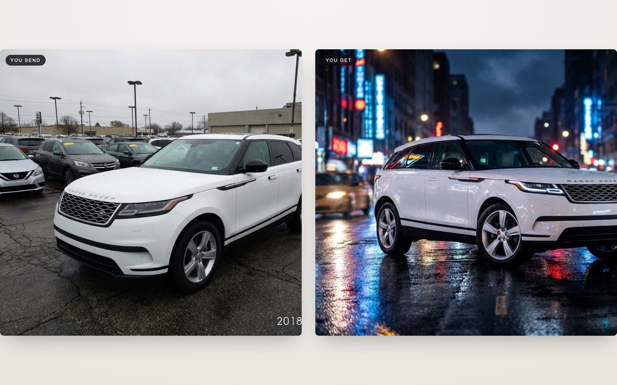 Before and after: dealership lot photo of an SUV turned into a night campaign scene
