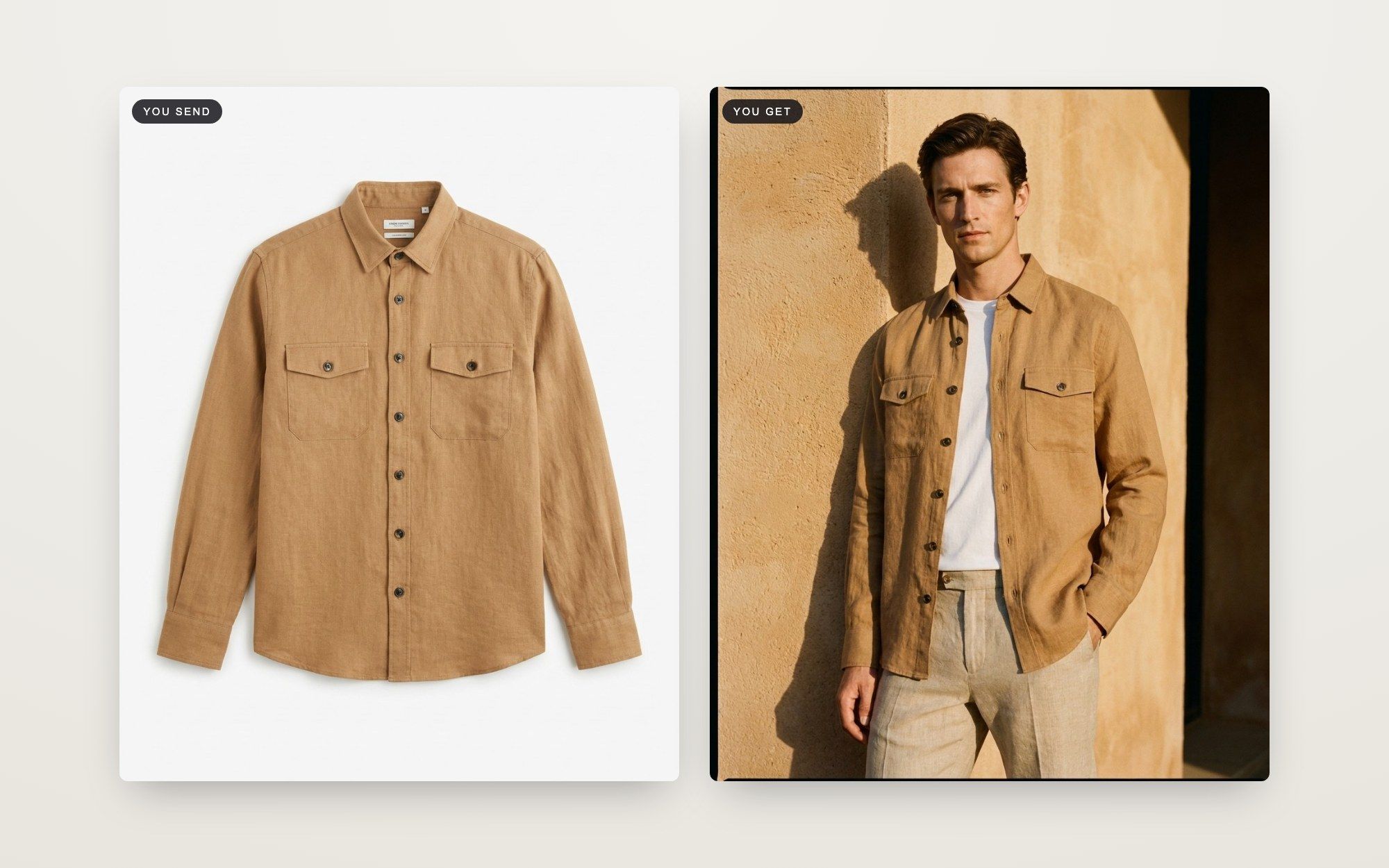 Before and after: garment flat-lay turned into on-model editorial photography