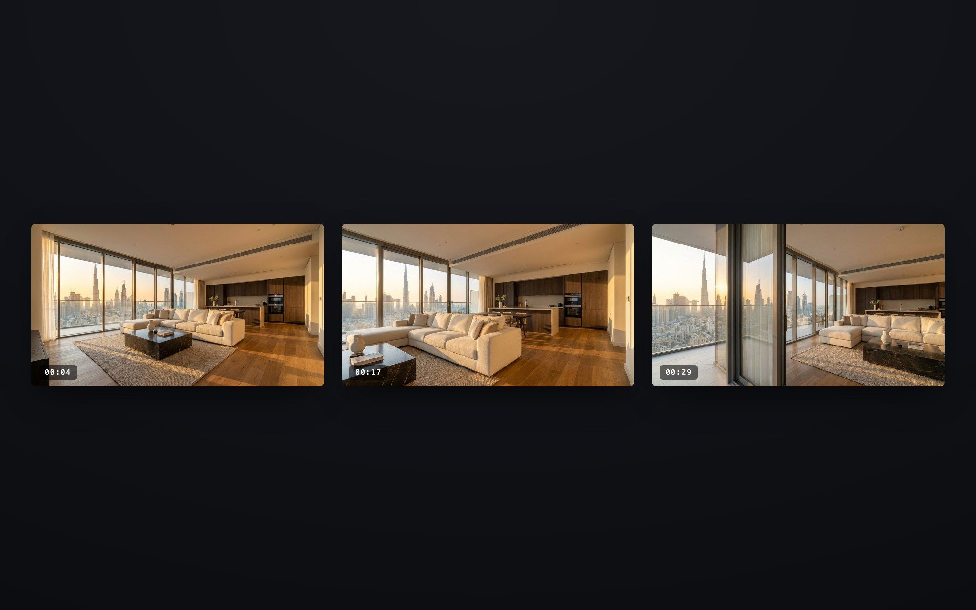 Frames from an AI-generated apartment walkthrough video