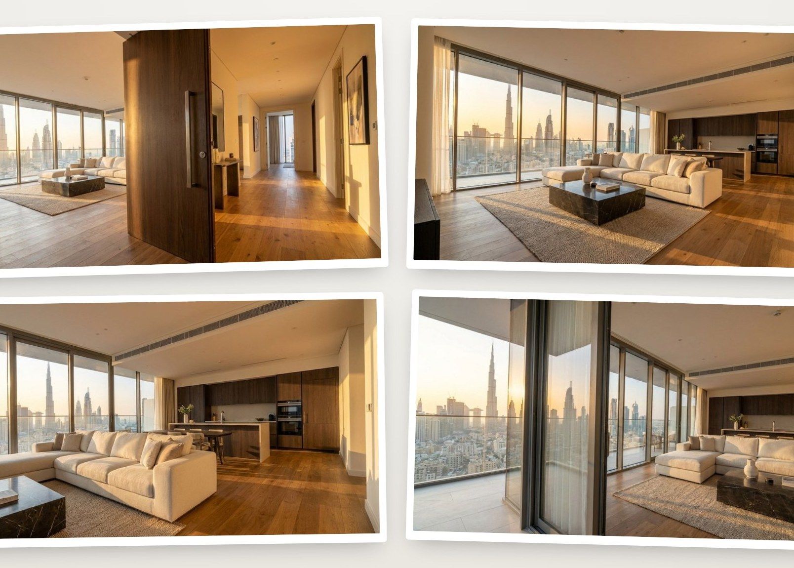 Four ordinary listing photos of an apartment: entrance, living room, kitchen and window view