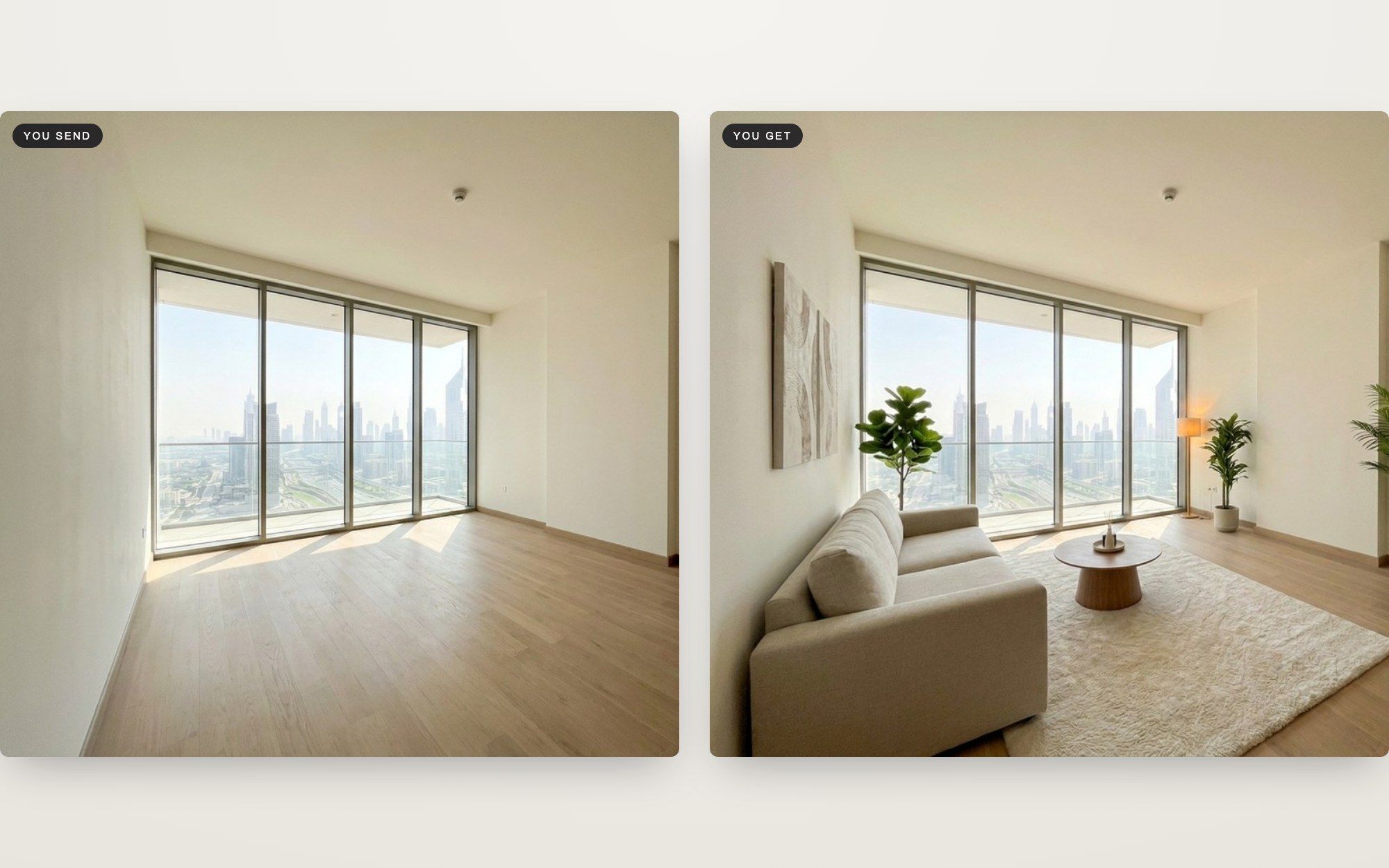 Before and after: empty living room virtually staged with furniture