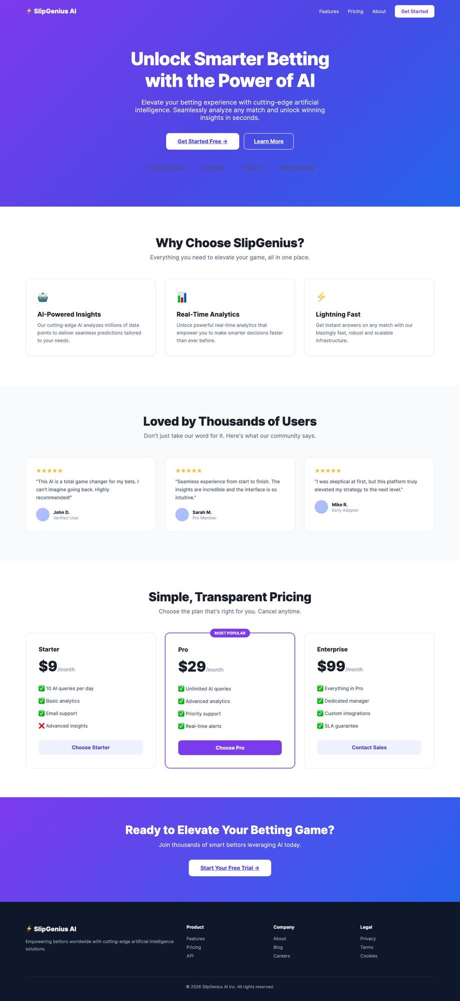 A typical AI-generated SaaS template website scrolling: purple gradient hero, emoji feature cards, testimonial wall, generic pricing